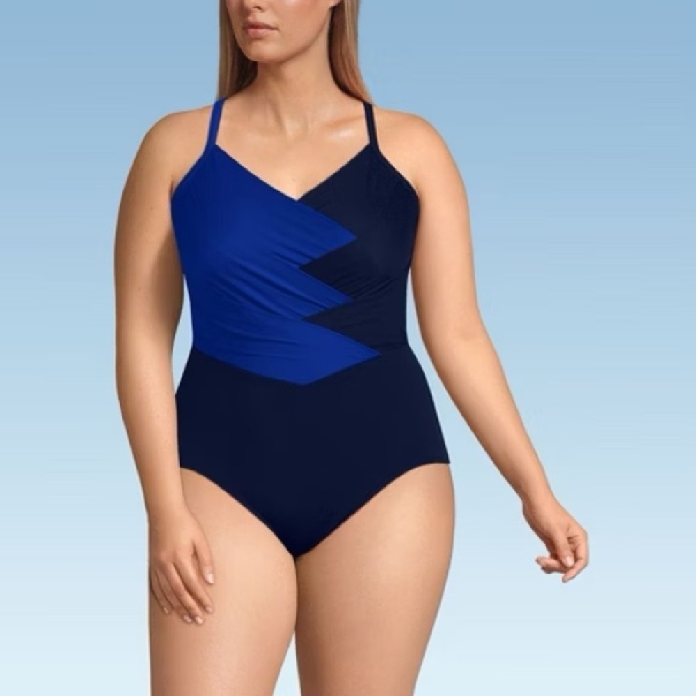 Lands' End Slender V-neck Pleated X-back One Piece Swimsuit Sz 22W